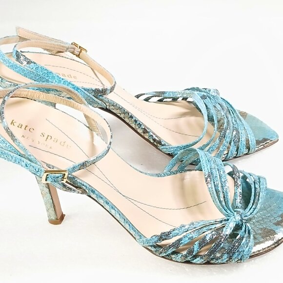 Kate Spade NY Teal Snakeskin Print Metallic Strappy Pumps Heels Size 8 VGUC - Picture 1 of 16